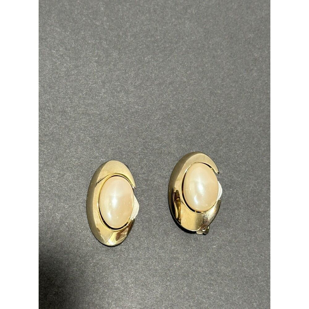 Vintage faux pearl Large Half Moon oval gold tone clip on earrings Numbered